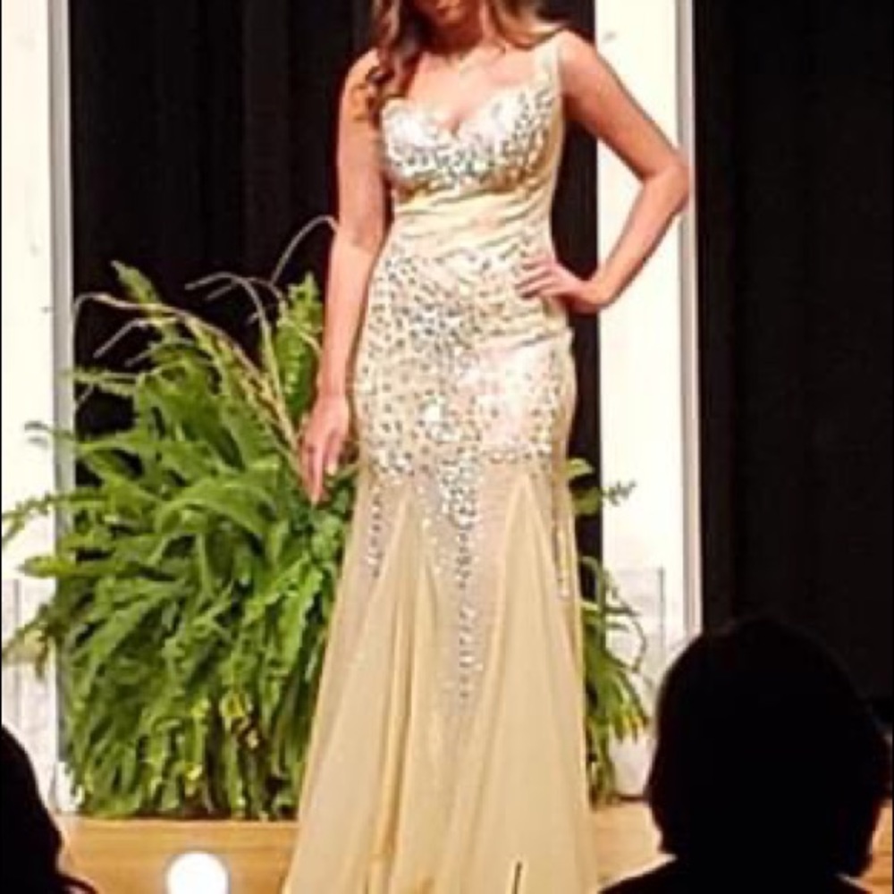 Jazzed Couture Size 2 Nude formal gown embellished with prism colored sequins